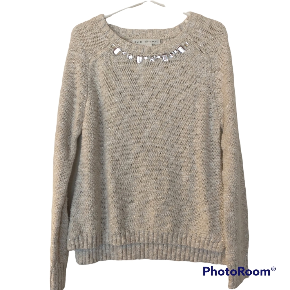 Girl's Max Studio Beige Long Sleeve Sweater with Faux Gemstones Small 7-8